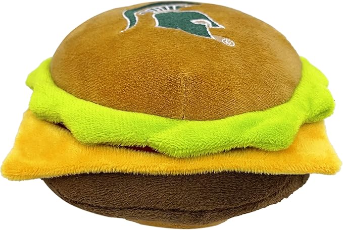 NCAA Michigan State Spartans Cheeseburger Plush Dog & CAT Squeak Toy- Cutest Stadium Hamburger Snack Plush Toy for Dogs & Cats with Inner Squeaker & Beautiful Football/Basketball Team Name/Logo
