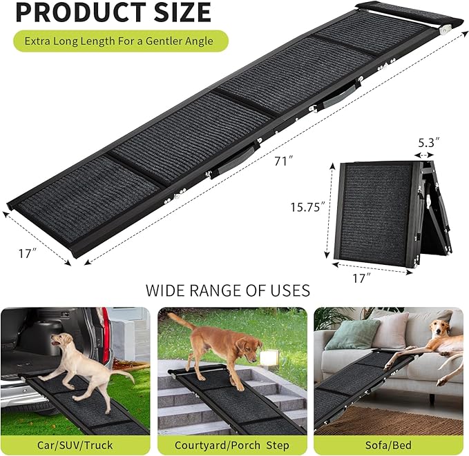 Upgraded Heavy Duty Dog Ramp for Cars - 71" Long & 17" Wide Folding Pet Ramp for Large Dogs with Non-Slip Surface Portable Dog Car Ramp for SUV Car & Truck, Outdoor Dog Ramp Up to 250 LBS