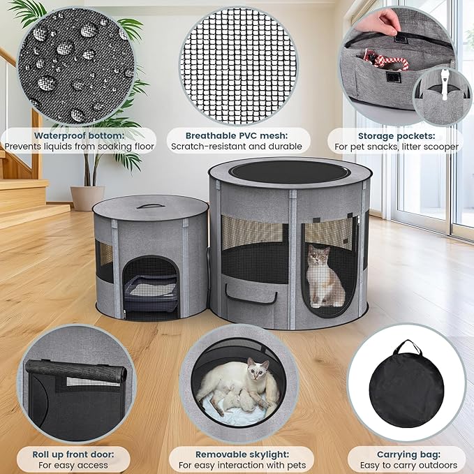Portable Cat Playpen with Tunnel, 3 in 1 Foldable Puppy Play Pen, Waterproof Bottom, Enclosed 2-Room Separable Pet Tent for Indoor/Outdoor, Multi-Purpose Enclosure Crate Cage for Kitten Dog Rabbit