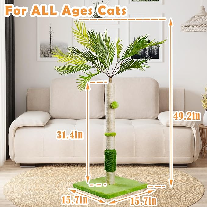 MeowHomm 40" Tall Cat Scratching Post, Scratching Post for Indoor Cats with Natural Sisal, Balls and Self Groomer Brush, Cute Cat Scratcher for Kittens