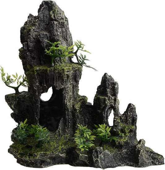 AnRui Large and Tall Aquarium Mountain View Stone Decorations Resin Betta Rock Aquascaping Hiding Cave Ornaments Fish Tank Accessories Decorations with Small Plants