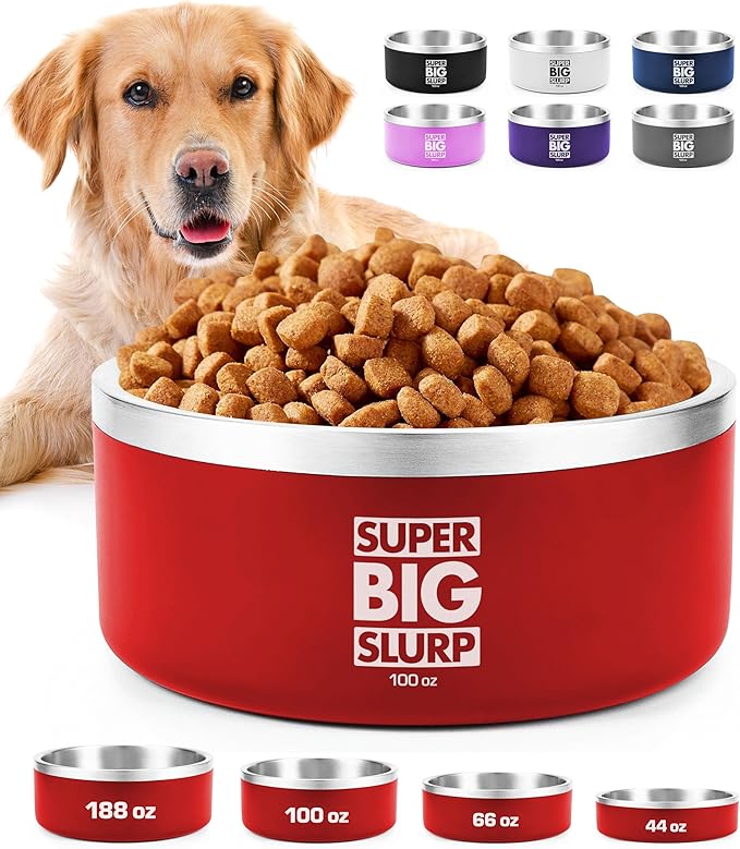 Tuff Pupper 100 oz Heavy Duty Insulated Stainless Steel Dog Bowl for Large Dogs, Non-Slip Base, Dishwasher Safe