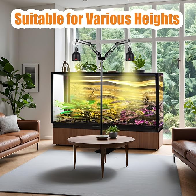 Dual Reptile Lamp Stand Reptile Light Stand with Two Flexible Brackets, Height Adjustable (15.7 inch to 74.3 inch) for Hanging Heat Lamp Holder and Light Fixture