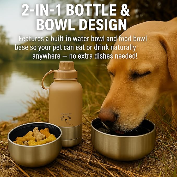 Love Wag & Play Dog Water Bottle Portable – 2 in 1 Stainless Steel Bowl for Food, Water – Leakproof Portable Water Bowl for Dog with Carry Loop – Detachable Design – Ideal for Kibble, Treats – Beige