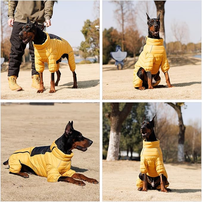 Lovelonglong Dog Coat Dog Warm Jacket, 4 Legs Covered Waterproof Windproof Reflective Warm Dog Vest, Zippered Adjustable Outdoor Dog Snow Jacket for Small Medium Large Dogs Yellow XXL