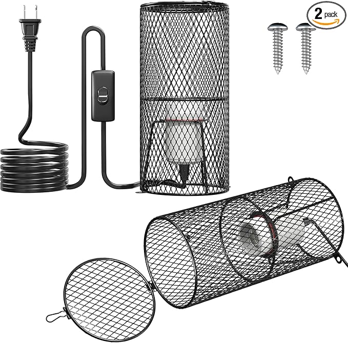 2Pack Reptile Heat Lamp Guard with 150W E26 Ceramic Lamp Holder,Anti Scald Mesh Cage Reptile Light Fixture with ON/Off Button for Reptile Lizard Snake Chick-Heat Bulb Not Included