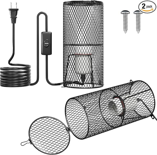 2Pack Reptile Heat Lamp Guard with 150W E26 Ceramic Lamp Holder,Anti Scald Mesh Cage Reptile Light Fixture with ON/Off Button for Reptile Lizard Snake Chick-Heat Bulb Not Included