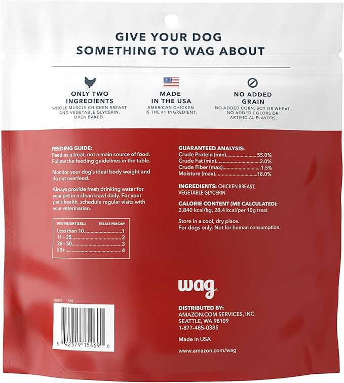 Amazon Brand – Wag Chewy Whole Muscle American Jerky Made in USA Dog Treats – Chicken (1 lb), Grain Free (Pack of 2)