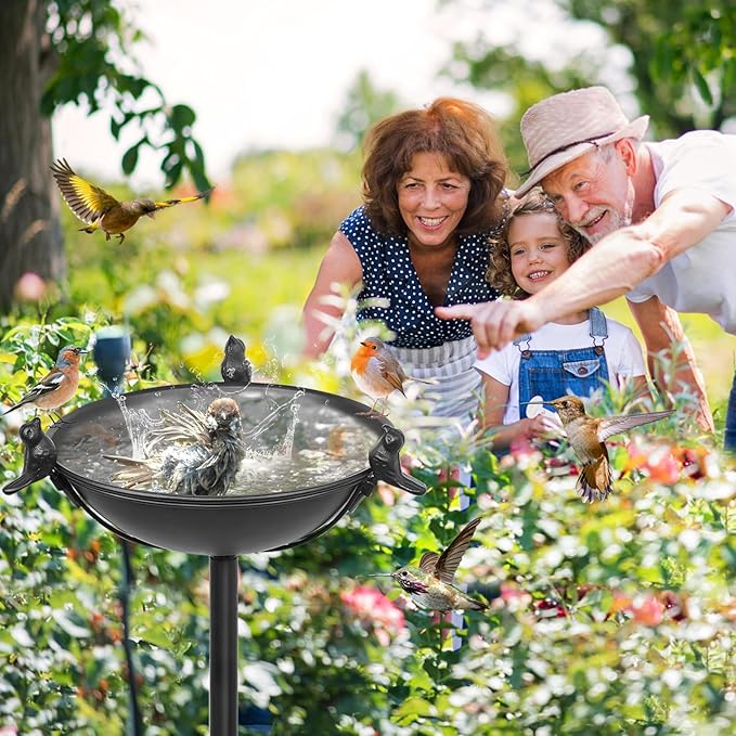 58In Freestanding Birdbaths Bowl Outdoor, Standing Garden Bird Bath Feeder Bowl with 3 Bird Statues, Birdbath & Birdfeeder with Metal Stake Garden Yard Lawn Decor (Black)