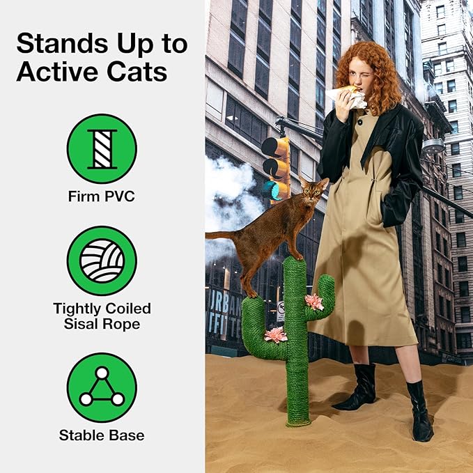 VETRESKA Cat Scratchers for Indoor Cats Cactus Cat Scratch Post Sisal Rope , 31.5'' Tall Green Vertical Cactus Cat Tree Scratching Posts Protect Furniture