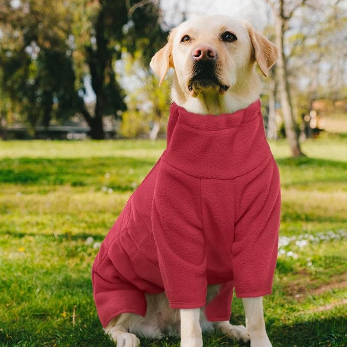 ROZKITCH Dog Winter Coat Soft Fleece Pullover Pajamas, Pet Windproof Warm Cold Weather Jacket Vest Cozy Jumpsuit Apparel Outfit Clothes for Small Medium Large Dog Walking Hiking Sleep Red 2XL