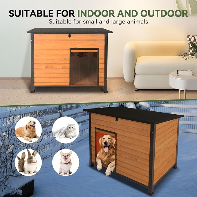Dog House Outdoor with Prevent Chewing Iron Frame, Cat Houses Removable Floor and Open Roof for Dogs,Cats,Rabbits Animals