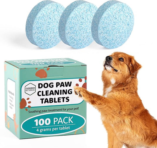 Evergreen Pet Supplies Dog Paw Soak Tablets - 100 Count, 4g Tea Tree Oil Fizz - Deep Clean & Soothe Itchy Paws - Dog Bath Tablets
