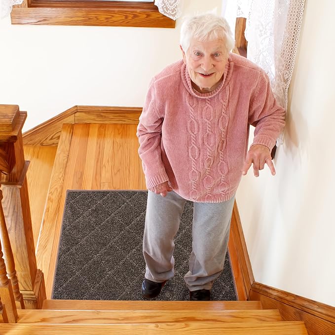 COSY HOMEER Edging Stair Treads Non-Slip Corner Indoor Stair Runners for Wooden Steps,Landing Slip Resistant Stair Rugs for Kids and Dogs, 100% Polyester TPE Backing,Brown,20"X32"