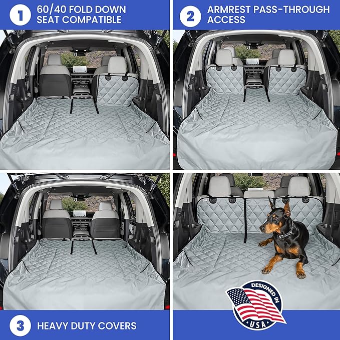 4Knines SUV Cargo Liner for Dogs, Trunk Mat for SUV, Durable Cargo Cover, Protector – Compatible with 60/40 Split Bench & Armrest Pass-Through, Waterproof, Machine Washable, Non-Slip (Small, Camo)