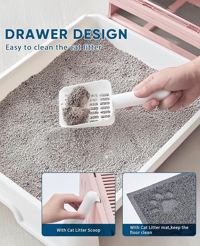 Cat Litter Box with Litter Mat and Scoop, Large Foldable Litter Box with Lid, Front Entry Top Exit Kitty Box, Odor Control, Easy to Clean (Pink)