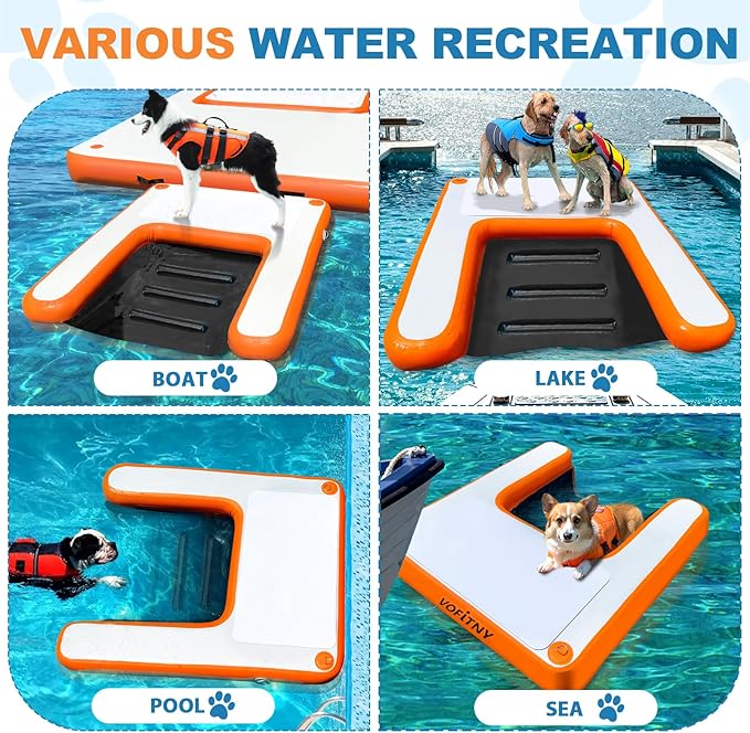 VOFiTNY Inflatable Dog Pool Ramp Portable Floating Ladder for Dogs, Puppy Docks, and Water Plank for Inground Pools and Lakes (4ft x 3.3ft x 4in, Orange)