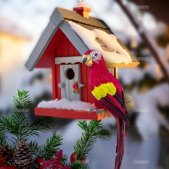 AUEAR, 17.7 Inch Red Lifelike Artificial Birds Feathered Fake Shoulder Parrot Decor Model for Decoration Craft Decorative Prop