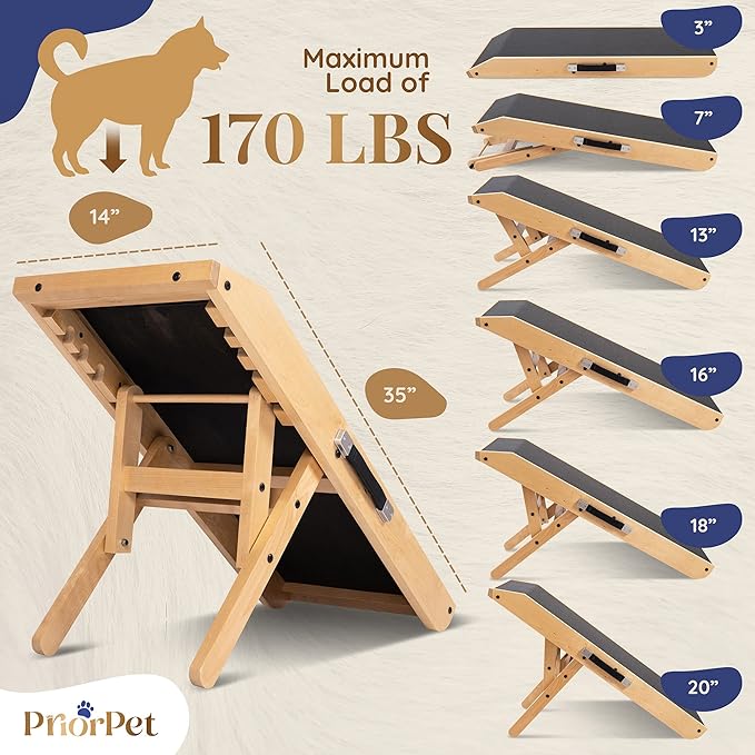 Dog ramp for Couch – Non-Slip, Sturdy Build Foldable Dog ramp – Supports up to 200lbs – Adjustable 7'' to 20'' – Landing Platform Seamlessly Connects – Birchwood Pet Ramp for Small Dogs – Natural