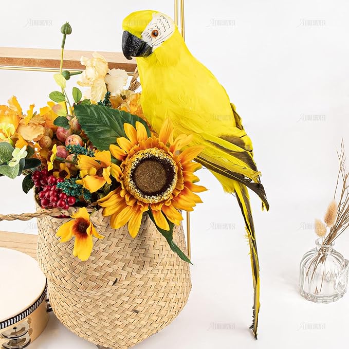 AUEAR, 17.7 Inch Yellow Lifelike Artificial Big Birds Feathered Fake Shoulder Parrot Decor Model for Decoration Craft