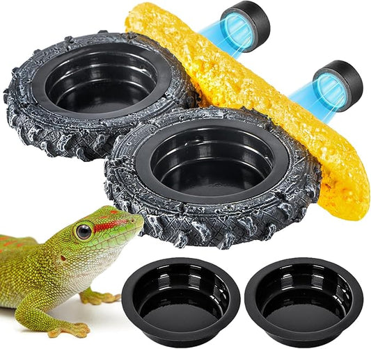 Magnetic Reptile Feeder Ledge, Crested Gecko Feeding Ledge with PVC Food Bowls, Tire-Shaped Reptile Food Dish for Crested Gecko Leopard Gecko Lizard Frog Bearded Dragon