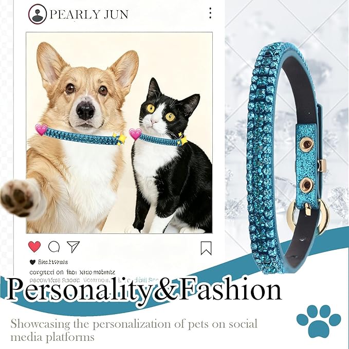 PEARLY JUN Rhinestone Dog Collars for Small Dogs Cat, S Blue Bling Diamond Cat Collar Cute Luxury Crystal Pet Puppy