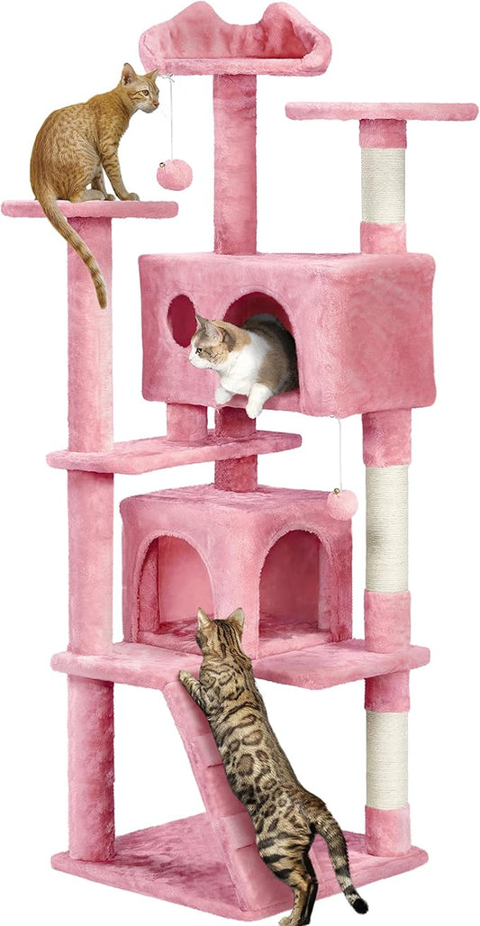 Yaheetech 62in Cat Tree Tower for Indoor Cats, Furniture w/Double Condo, Scratching Posts, Multiple Platforms and Balls for Kittens, Pink