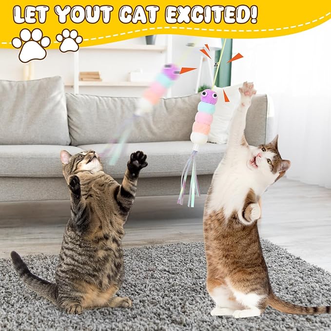 Cat Wand Toys, Adjustable Toys with Silvervine Sticks, Interactive Cat Feather Wand Toy for Indoor Cats, Elastic String Pole Toy with Bell & Feather (Extension Suspension)