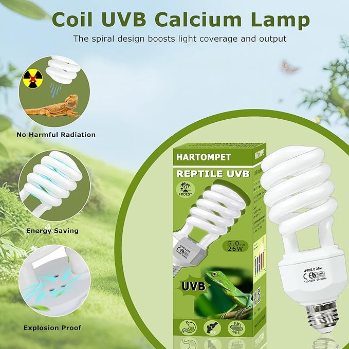 UVB 5.0 Reptile Light 26W, Compact Fluorescent Tropical Terrarium Lamp, Coil UVB Bulbs for Chameleons, Iguanas, Turtles, Rainforest Reptile Tanks, Pet Terrariums, Reptile Habitat Tank