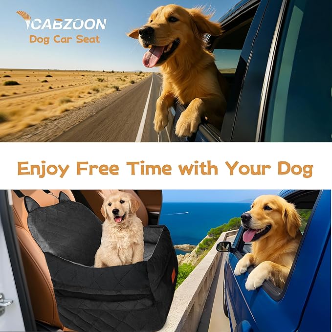 Dog Car Seat for Small/Medium Dogs Up to 35lbs,Elevated Cushion Fits in Front/Back Seat,Travel Safety Per Car Bed with Washable Removable Cover, Storage 2 Pockets Black