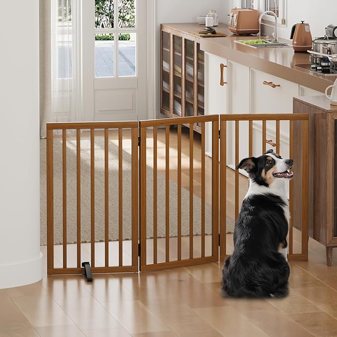 Dog Gates for Doorways, Tall Dog Gate Indoor, Foldable Pet Gates for Doorways Bedroom, Freestanding Puppy Gate with Metal Support Feet, Room Divider,3 Panels (Walnut)