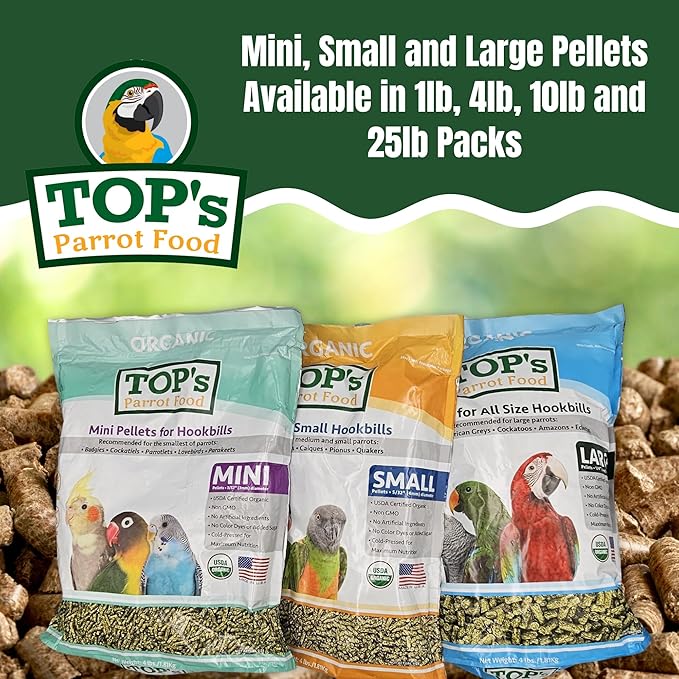 TOP's Parrot Food Pellets Hookbills, Small, Medium and Large Parrots - Non-GMO, Peanut Soy & Corn Free, USDA Organic Certified - 10 lb / 4.53 kg