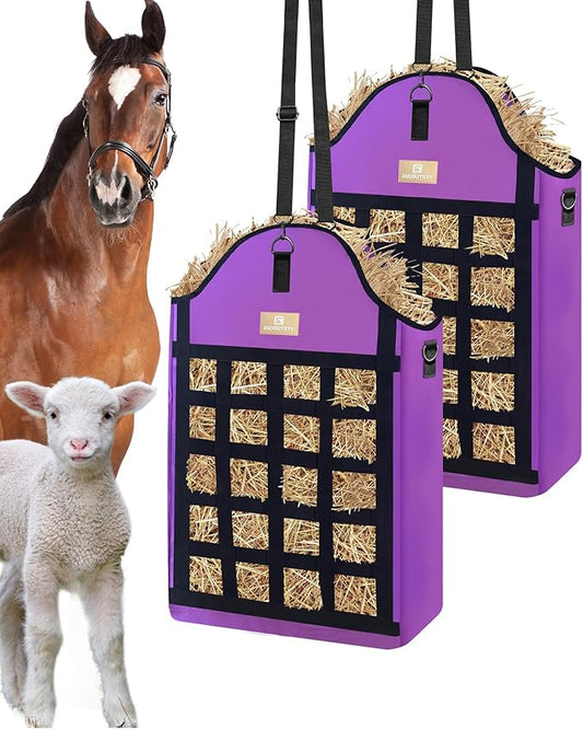 Hay Bags for Horses,3 Packs Slow Feed Hay Bags for Goats,Sheep,Donkey,600D Reinforced Oxford Hay Feed Bags with Front Hay Nets Design, Easy to Fill and Hang with Large Opening (2Purple)
