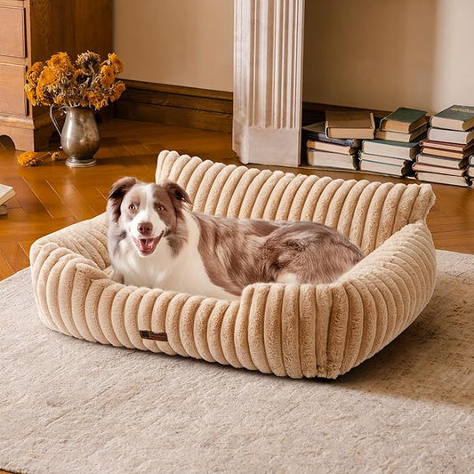 MEWOOFUN Dog Sofa Bed, Fluffy Dog Couch with Removable Washable Cover, Supportive Puppy Bed for Medium Sized up to 45 lbs (Camel, 36x28x12)