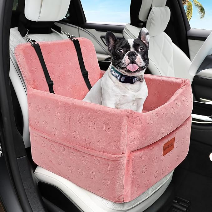Dog Car Seat for Small Medium Dogs, Memory Foam Puppy Dog Booster Seat with Thick Cushion for Dogs Under 35lbs, Detachable Washable Pet Car Seat Travel Bed with Storage Pockets,2 Safety Belts