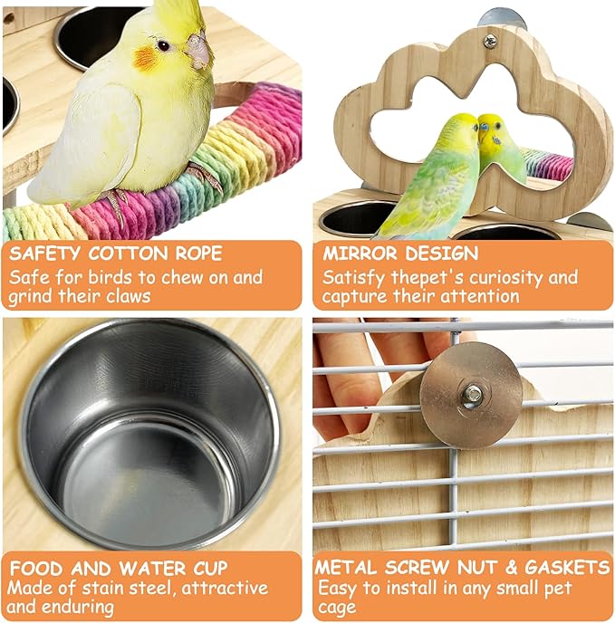 Tfwadmx Bird Parrot Wooden Feeding Cups Small Bird Feeding Dish Cups Stainless Steel Birds Bowls Food Water Bowls with Food Holder for Lovebirds Parakeet Macaw Finches