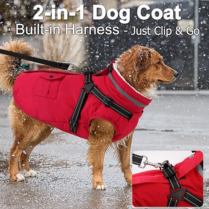 Dogcheer Dog Coat with Harness, Waterproof Dog Jacket Christmas Puppy Winter Coat with Pockets, Reflective Doggy Winter Jacket Soft Pet Fleece Snow Jacket for Small Medium Large Dogs - Red, 2XL