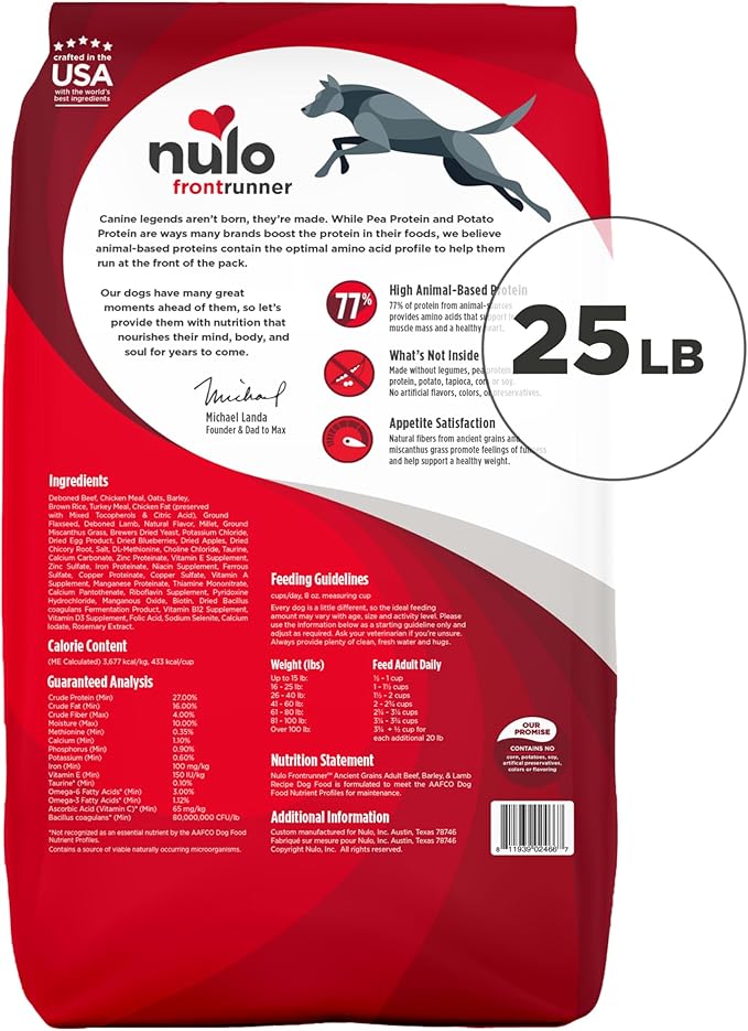 Nulo Frontrunner Ancient Grains High-Protein Dog Food, Beef, Barley, & Lamb Recipe- Natural Dry Dog Food with Probiotics, Grain-Inclusive Kibble for Adult Dogs, 25 lb Bag