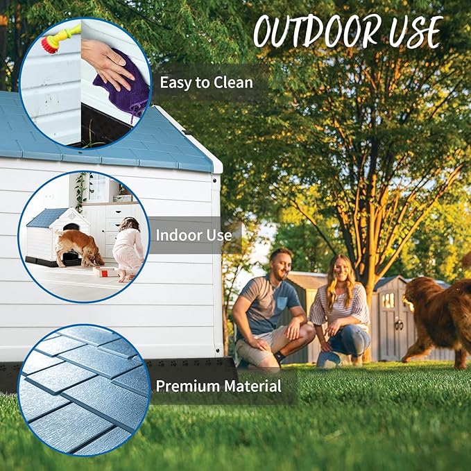 PUKAMI Plastic Outdoor Indoor,Durable Dog House for Small Medium Large Dogs,Waterproof, with Elevated Floor and Air Vents,Ventilate & Easy Clean and Assemble(Blue, 34inch)