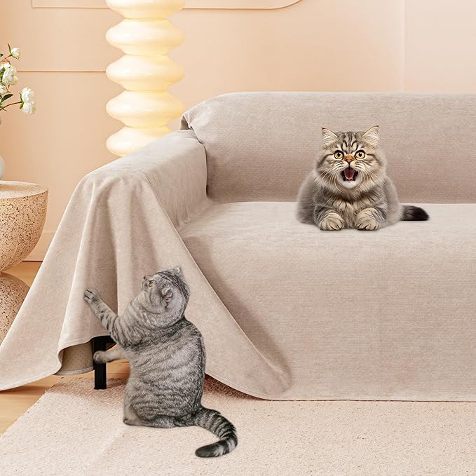 Cat Scratch Furniture Protector - Anti-Slip, Waterproof Sofa Cover to Keep Cats Off, Pet-Friendly Couch Protectors for 3 Cushion Couch, Khaki Anti-Scratch Couch Cover for Pets and Kids 118"X71"