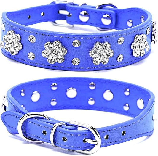 Rhinestone Dog Collar, Cute Flower Rhinestone Cat Dog Collar Bling Collar PU Leather Collar Adjustable Sizes Small Medium Large (XS, Dark Blue)