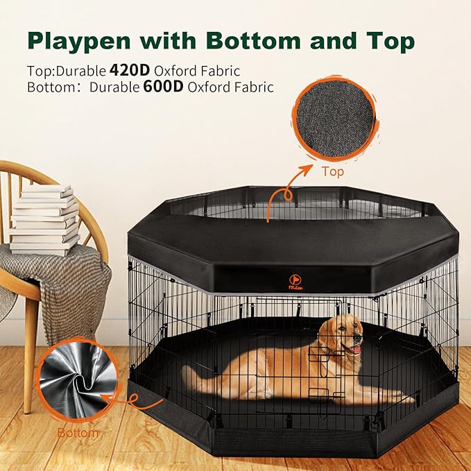 PJYuCien Dog Playpen - Metal Foldable Dog Exercise Pen, Pet Fence Puppy Crate Kennel Indoor Outdoor with 8 Panels 30”H & Top Cover and Bottom Pad for Small Medium Pets