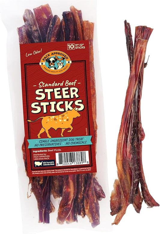Steer Sticks for Dogs Rawhide Free Dog Treats - Single Ingredient Bullysticks Natural Dogs Chews - Odor Free Bully Sticks - Fully Digestible Dog Chew Stick 11-12" (10 Count)