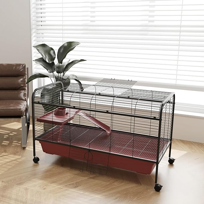 PawHut 48" L Small Animal Cage, Rabbit Hutch, or Ferret Pet Play House with Feeder, Rolling Wheels, Platform, Ramp