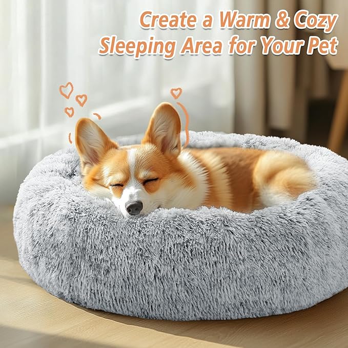 JOLLYVOGUE Calming Dog & Cat Bed for Small Dogs, Anti-Anxiety Donut Cuddler Cozy Soft Round Bed with Anti-Slip Bottom, Fluffy Faux Fur Plush Cushion Beds for Small Medium Dogs, 23"/Smoke Gray