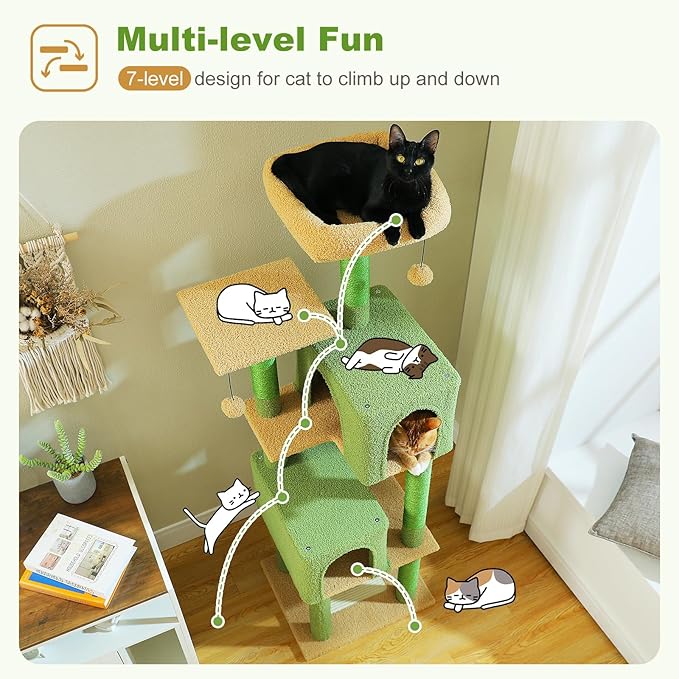 PAWZ Road Cactus Cat Tree Tower 62 Inches Cat Tree with 2 Condos,2 Large Perch,4 Scratching Posts & 1 Scratching Board, and 2 Hanging Balls for Indoor Cats
