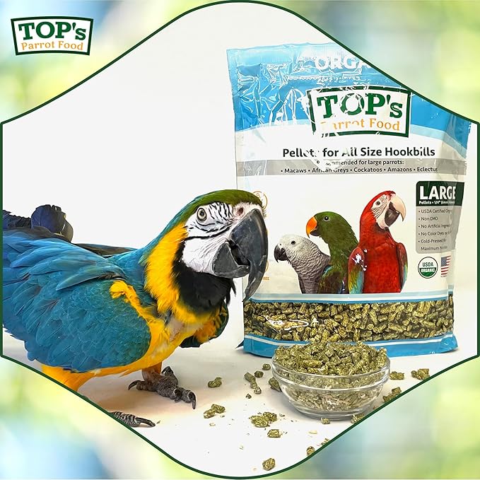 TOP's Parrot Food Pellets Hookbills, Small, Medium and Large Parrots - Non-GMO, Peanut Soy & Corn Free, USDA Organic Certified - 10 lb / 4.53 kg