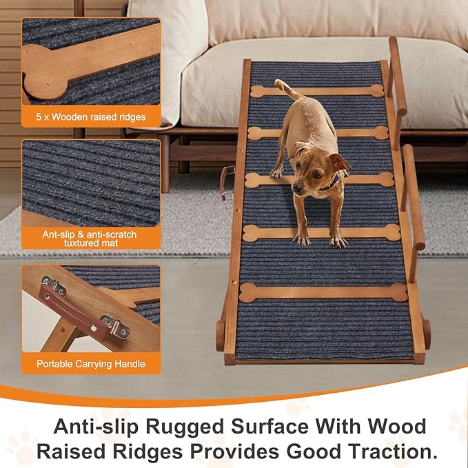 Wooden Dog Ramp for High Bed, 47.2" Long Non-Slip Dog Ramp for Couch, 6 Adjustable Heights from 15.7" to 28" with Side Rails for Small Medium Large Dogs(Up to 160 Lbs)