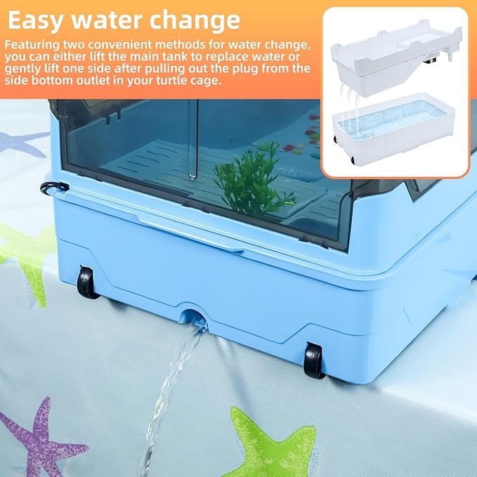 Turtle Habitat Tank Kit– Fresh Filtration, Waterplay Fun, Diverse Living, Heat Lamp, Water Pump and Convenient Water Changes in Tanks Habitat Kits Turtle cage Blue,Large