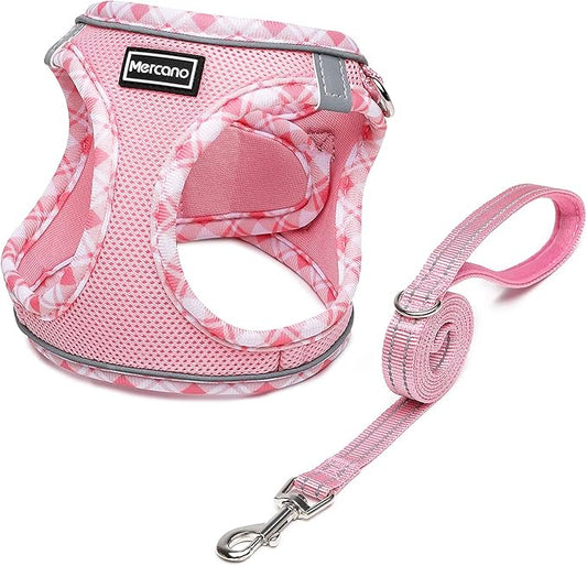 Mercano Soft Mesh Dog Harness and Leash Set, No-Chock Step-in Reflective Breathable Lightweight Easy Walk Vest Harnesses with Safety Buckle for Small Dogs, Cats (Pink, XXS)